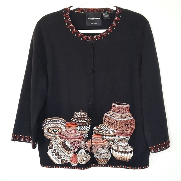Michael Simon New York Jar Pot Beaded Embroidered Button Down Cardigan L - Picture 4 of 10